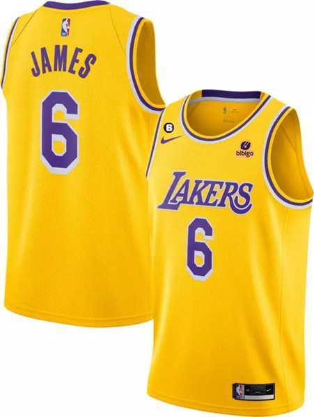 Mens Los Angeles Lakers #6 LeBron James Yellow No.6 Patch Stitched Basketball Jersey Dzhi->los angeles lakers->NBA Jersey